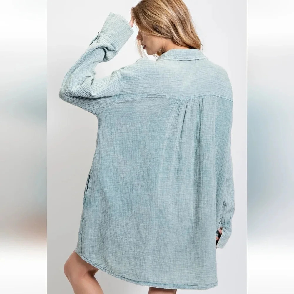 New! Easel Mineral Washed Relaxed Fit Blue Shirt Dress - Picture 4 of 7